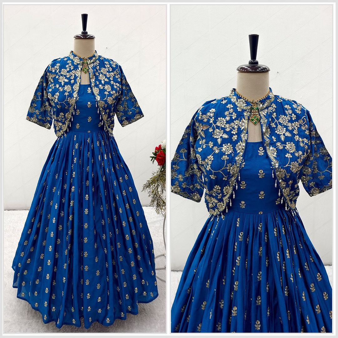 New Blue Design Cinon Gown-Jecket Set