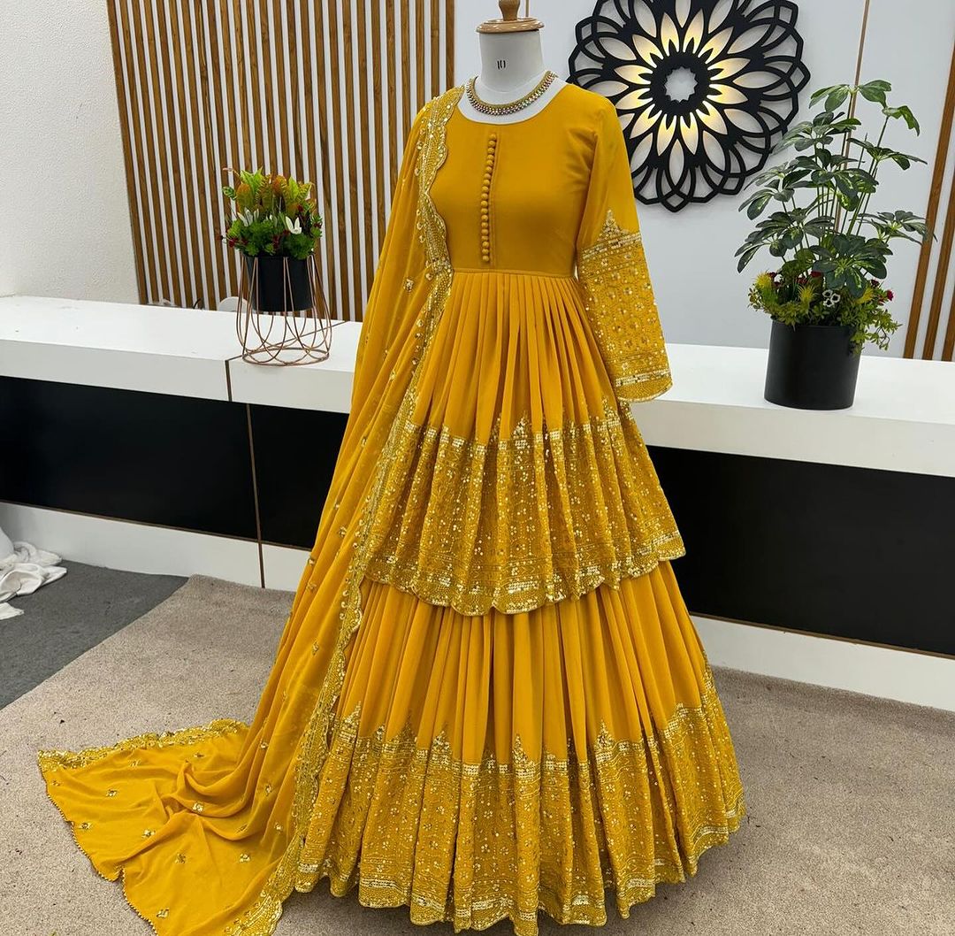 Faux Georgette With Embroidery Sequence Work Yellow Lehenga