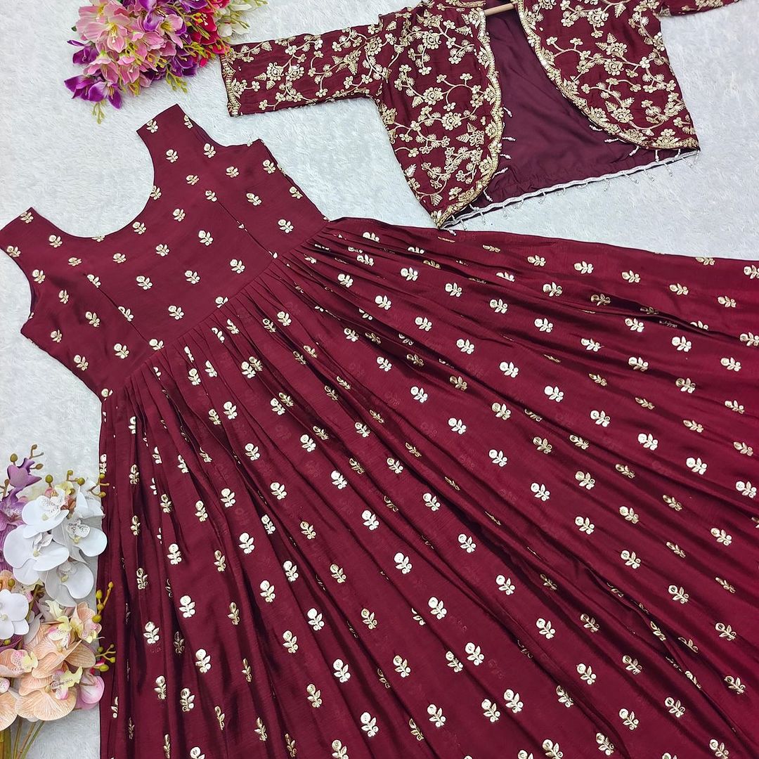 New Maroon Design Cinon Gown-Jecket Set