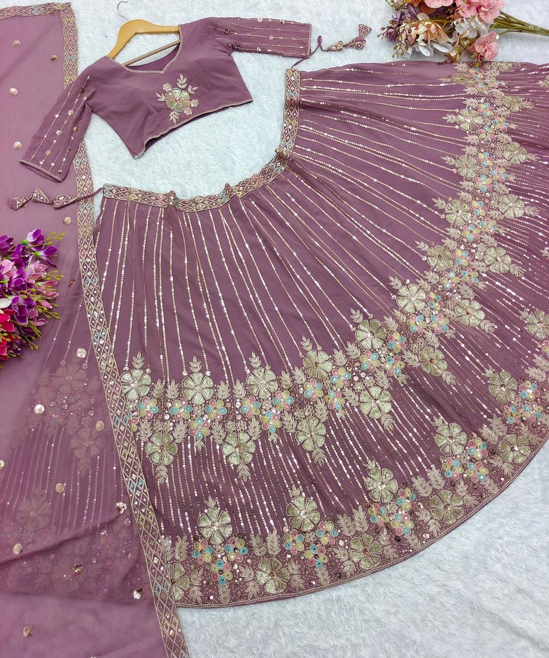 Faux Georgette With Embroidery Sequence Work Purple Lehenga