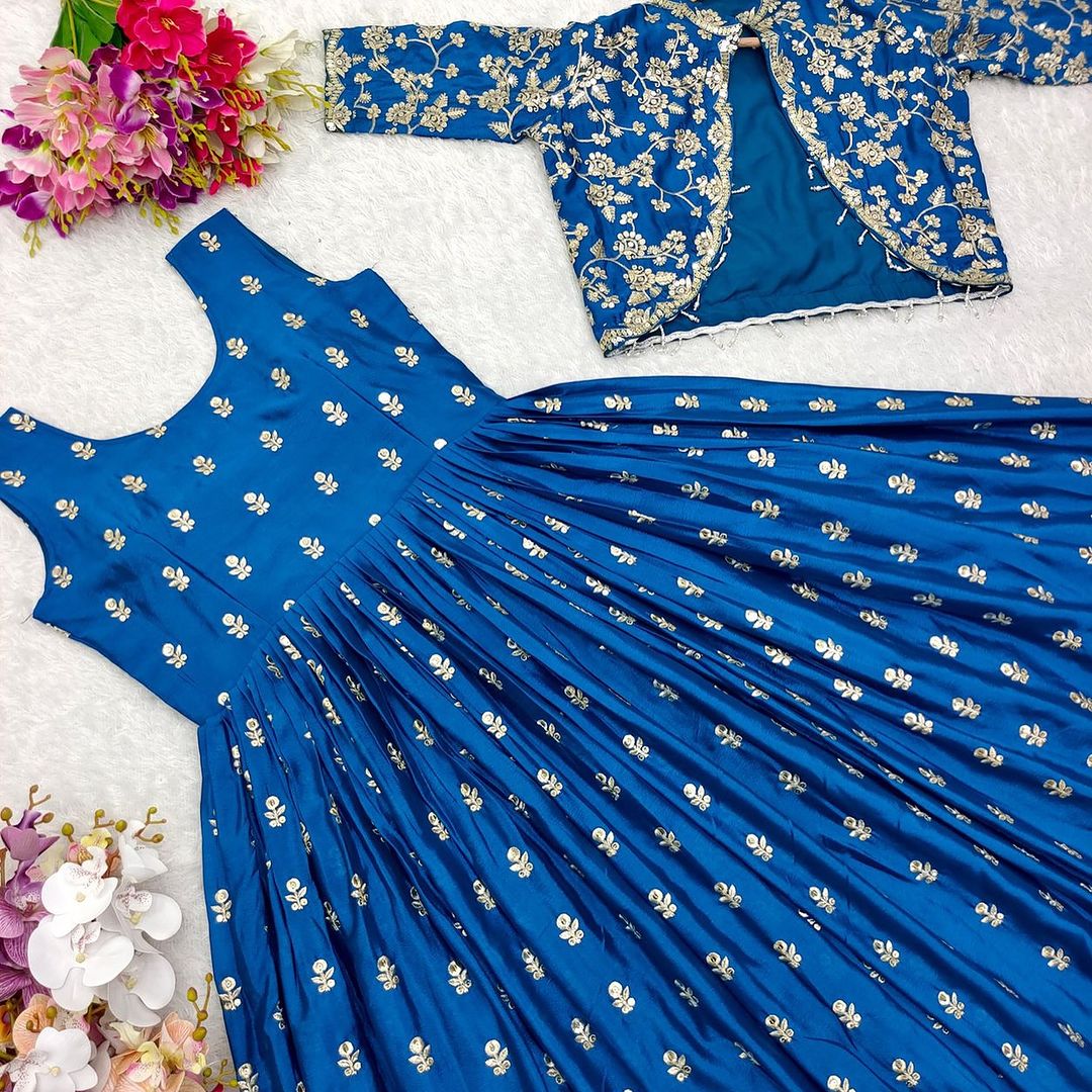 New Blue Design Cinon Gown-Jecket Set