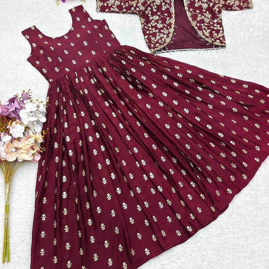 New Maroon Design Cinon Gown-Jecket Set