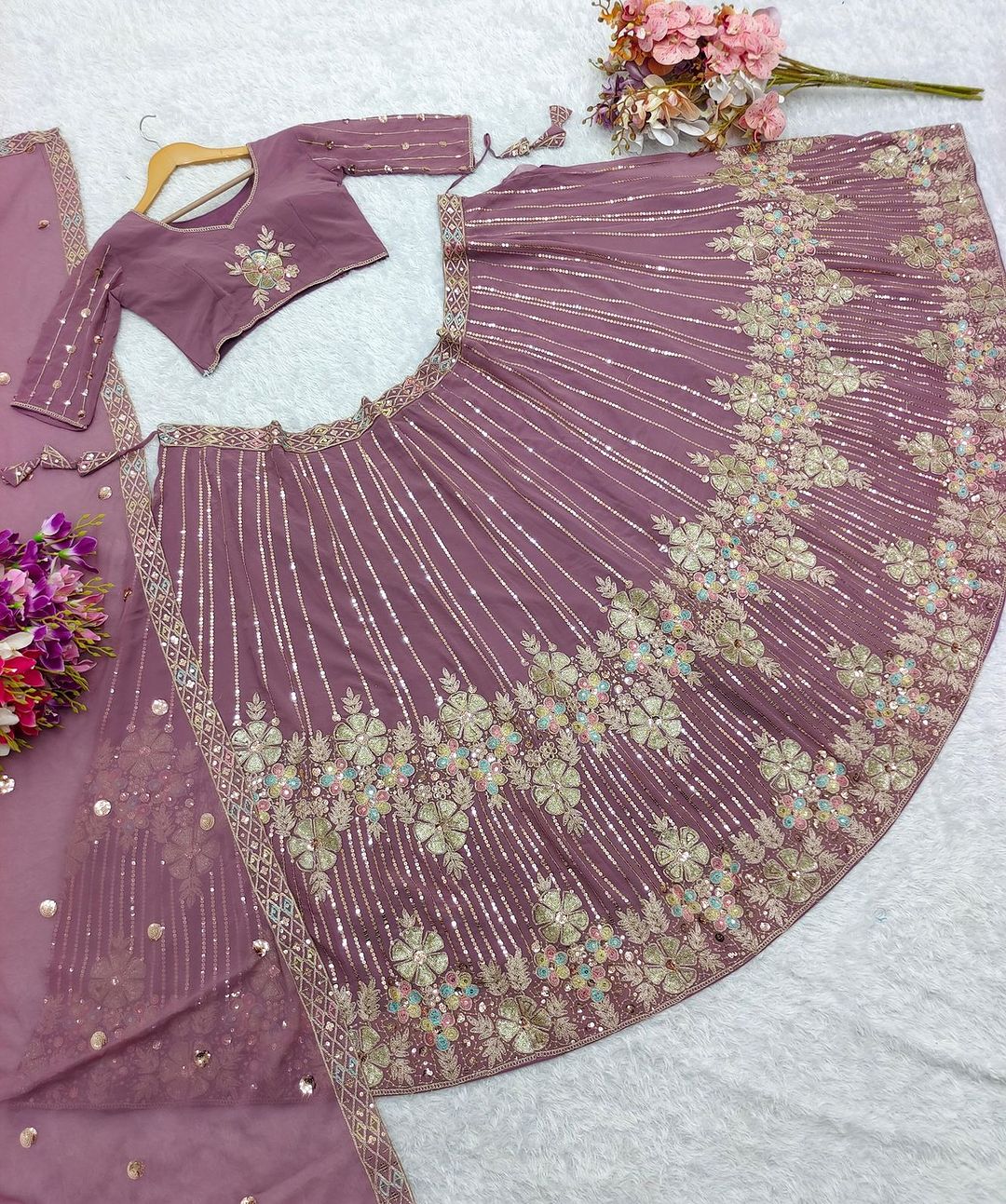 Faux Georgette With Embroidery Sequence Work Purple Lehenga