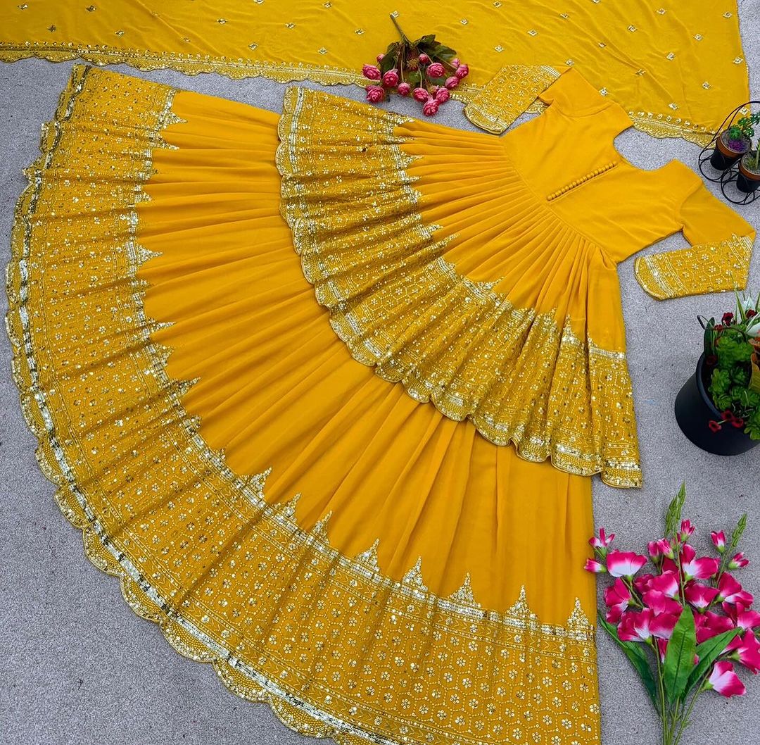 Faux Georgette With Embroidery Sequence Work Yellow Lehenga