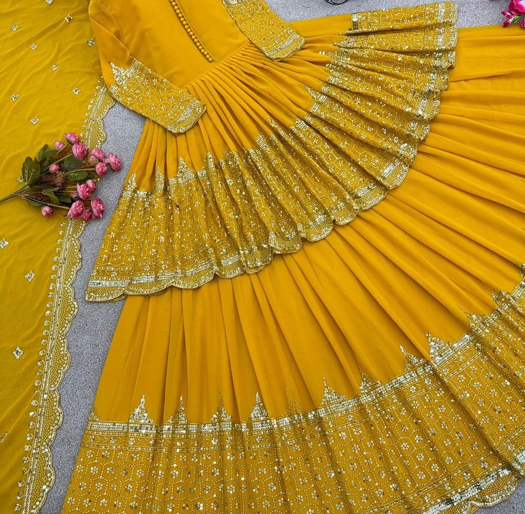 Faux Georgette With Embroidery Sequence Work Yellow Lehenga