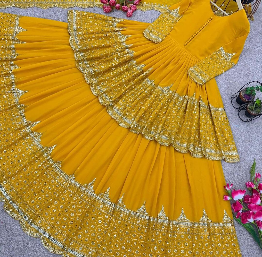 Faux Georgette With Embroidery Sequence Work Yellow Lehenga