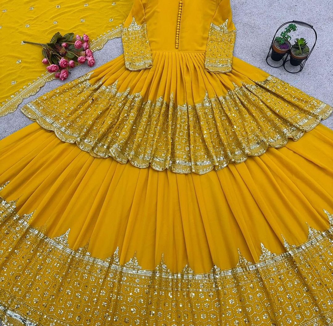 Faux Georgette With Embroidery Sequence Work Yellow Lehenga