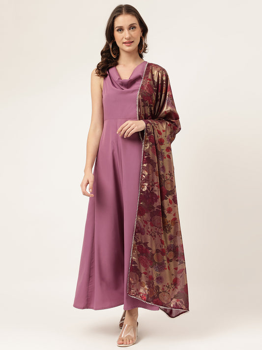 Cowl Neck Fit & Flare Maxi Ethnic Dress