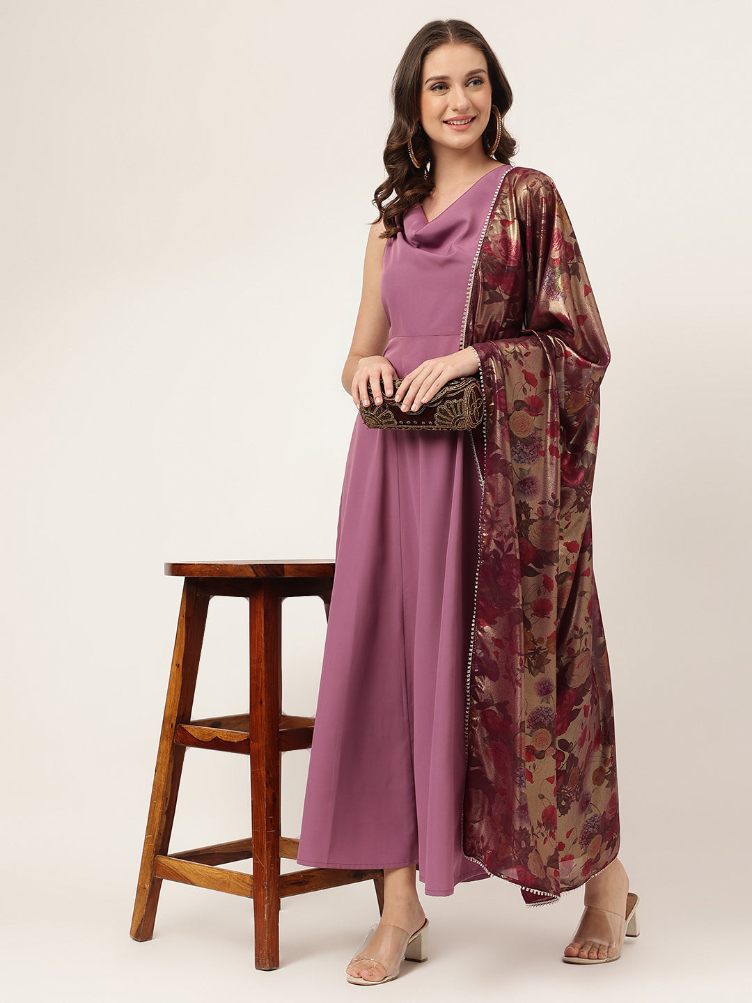 Cowl Neck Fit & Flare Maxi Ethnic Dress