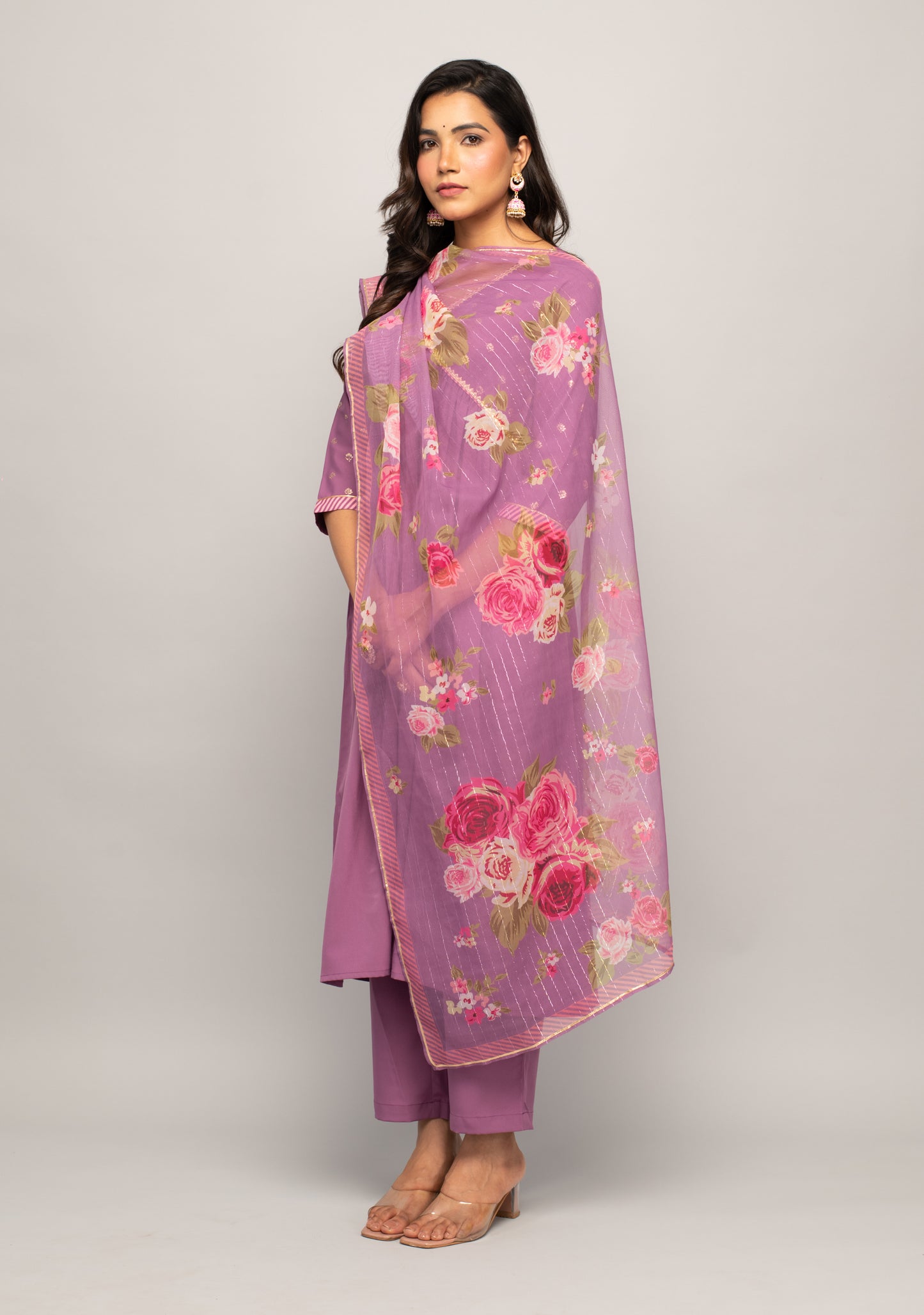 Floral Foil Printed Crepe A-Line Kurta & Trousers With Dupatta