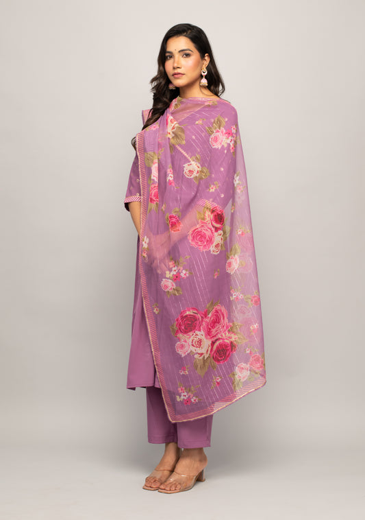 Floral Foil Printed Crepe A-Line Kurta & Trousers With Dupatta