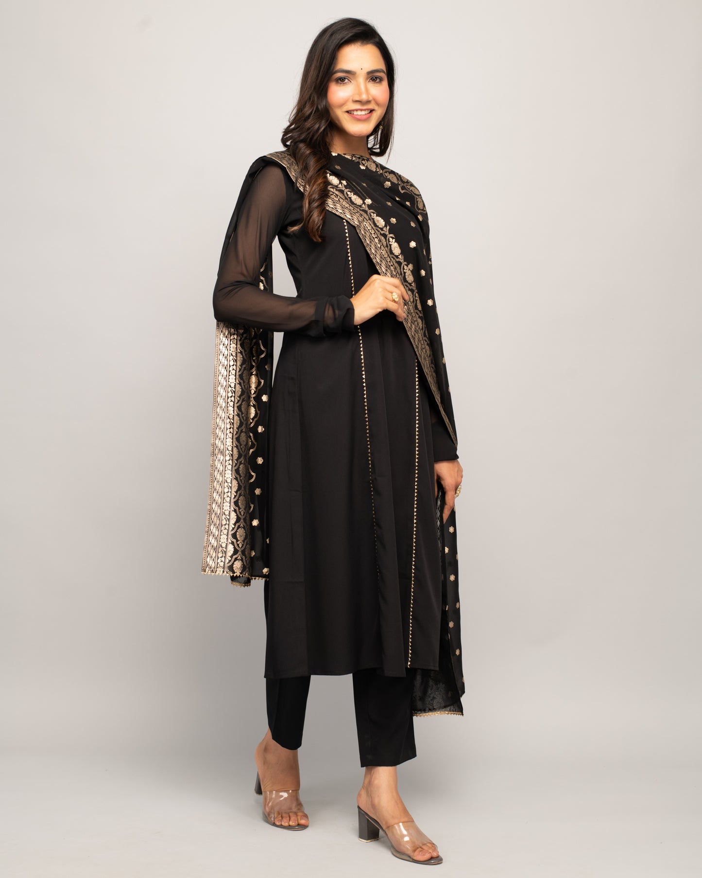 FIORRA V-Neck Kurta Set with Lace Detail