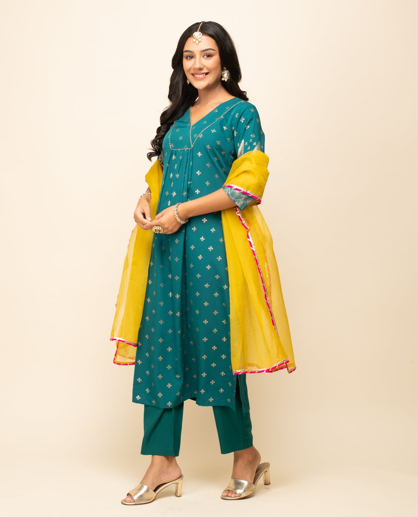 FIORRA Women's Teal blue Crepe Kurta Pant with dupatta