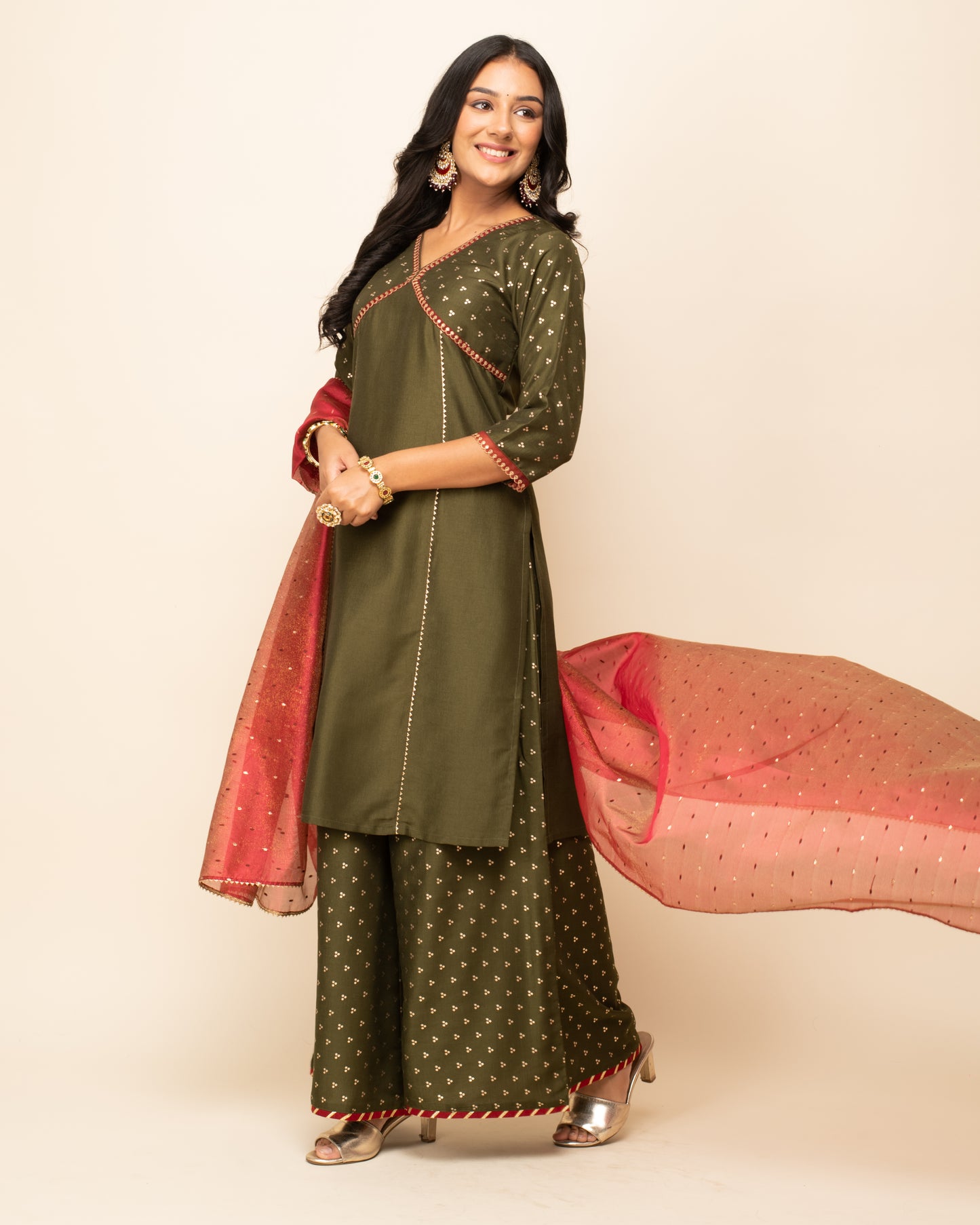 FIORRA Women's Green Silk Blend Kurta With Palazzo And Dupatta