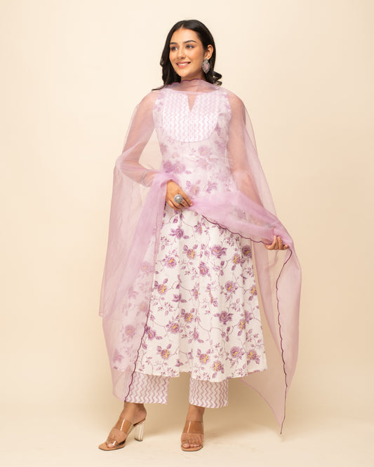 Floral Printed Pure Cotton Kurta with Trousers & With Dupatta