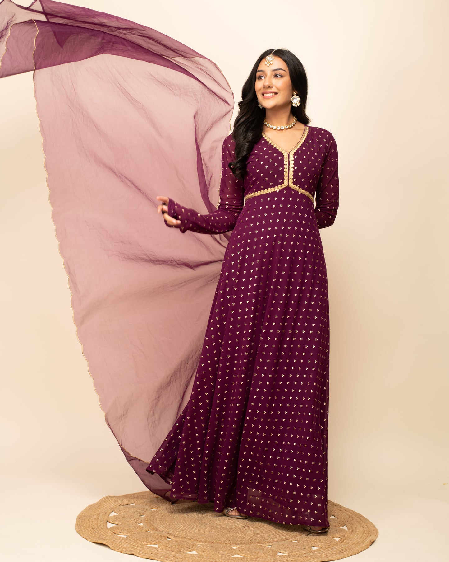 Geometric Printed V-Neck Georgette Fit and Flare Maxi Ethnic Dress with Dupatta